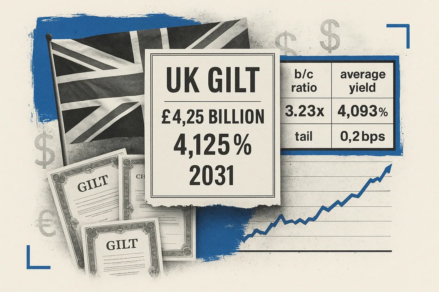 UK sells GBP 4.25bln 4.125% 2031 Gilt: b/c 3.23x (prev. 3.01x)